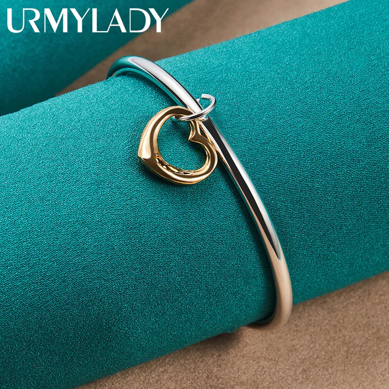 

URMYLADY 925 Sterling Silver Gold Love Heart Bangle Cuff Bracelet For Women Wedding Engagement Party Fashion Jewelry