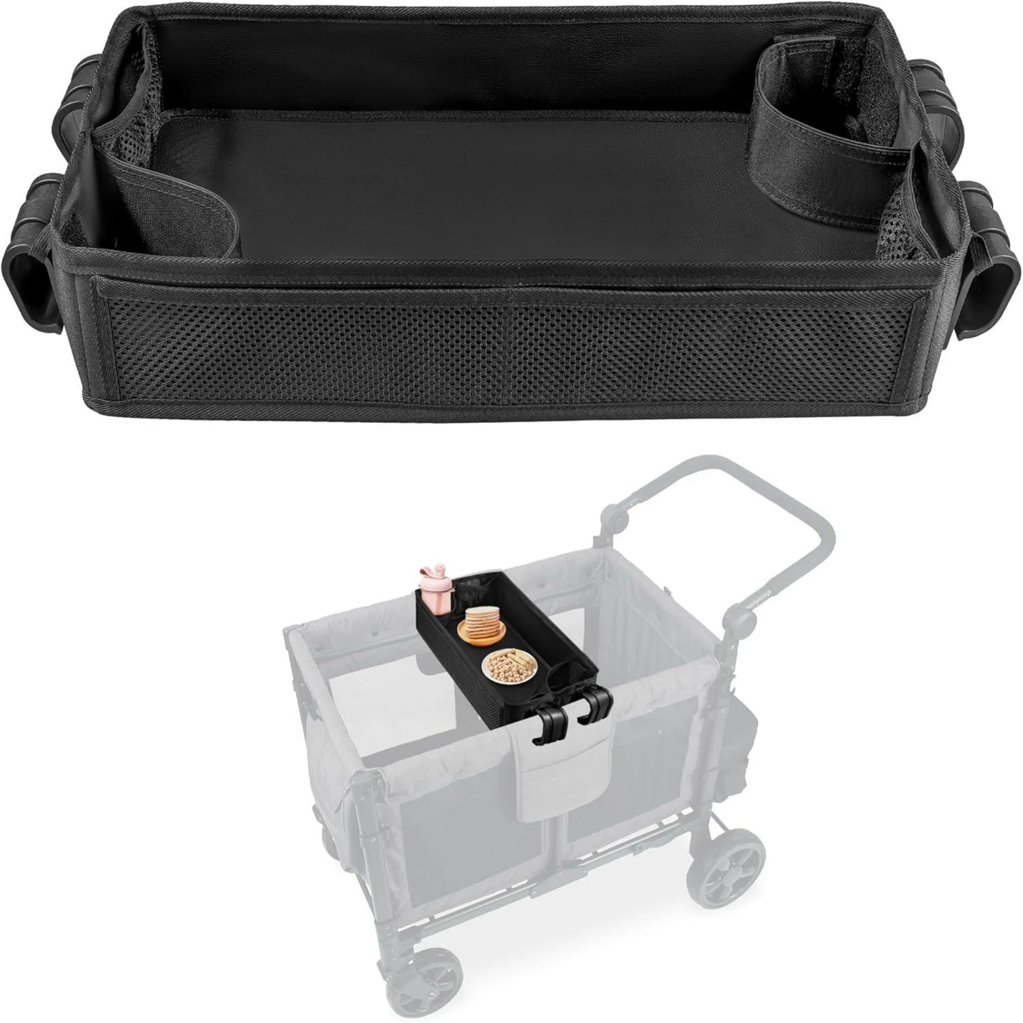 

Double Sided Stroller Tray for Snacks & Activities Featuring Faux Leather Side for Eating, Polyester Side for Activities