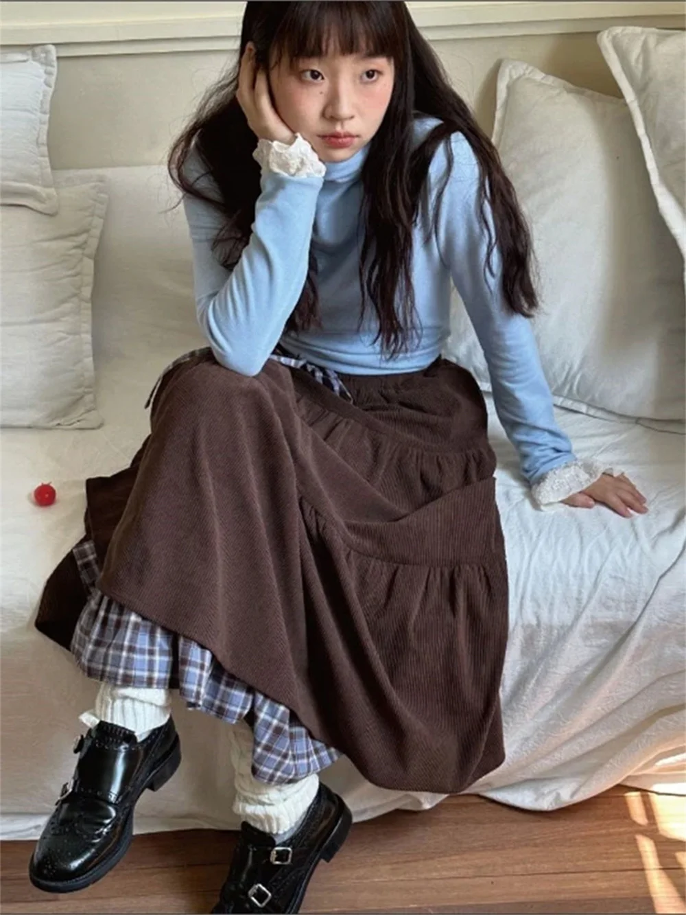 Vintage Brown Plaid Tiered Maxi Skirt Women High Waist Ruffle Long Skirt Boho Retro A-Line Pleated Skirts Autumn Winter Casual