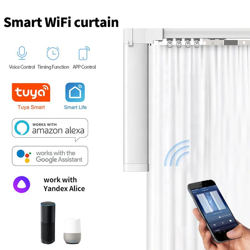 Smart WiFi Curtain Motor, Tuya Smart Life, trabalhar com Alexa, Google Home, Yandex, Alice, remoto personalizado, faixa elétrica