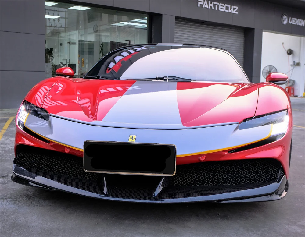 تستخدم لفيراري SF90 ألياف الكربون الأصلية OEM نمط المصد الأمامي الشفة الأمامية الأمامية طقم هيكل الشفة الوسطى