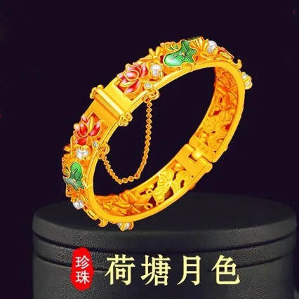 

Women's 24K Gold AU999 Lotus Hollow Bracelet with Clasp | Ancient-chiseled lotus with classic patterns, elegant for cheongsam