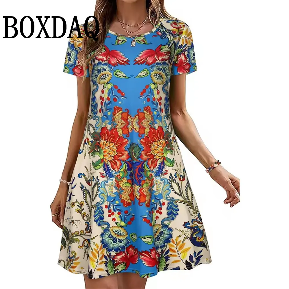 New Vintage Ethnic Print Dresses For Women's Elegant Loose Dresses Summer Female Short Sleeve Dress Fashion Plus Size Clothes