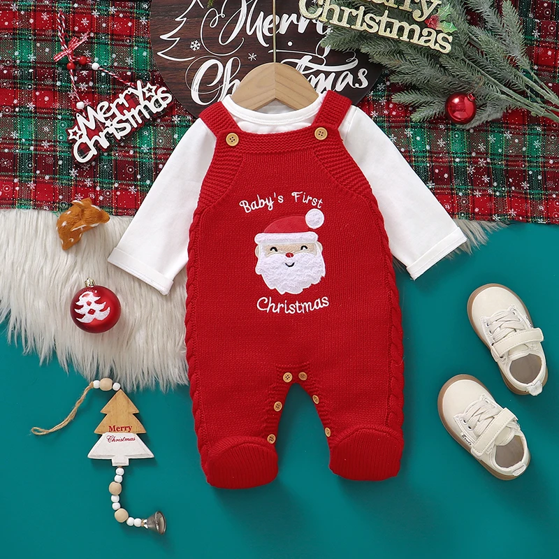 Christmas Baby Rompers Knit Cute Cartoon Santa Claus Newborn Girl Boy Jumpsuit Sleeveless Infant Kid Sling Clothes 0-9M Overalls