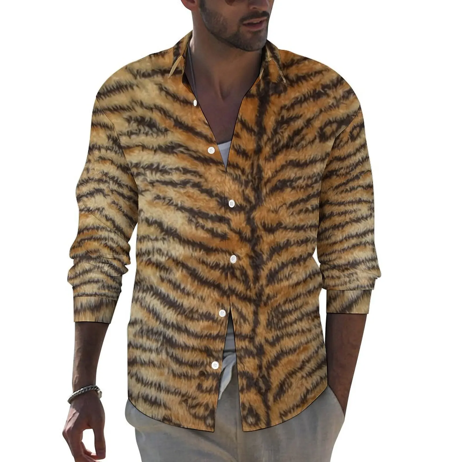 

Tiger Print Shirt Men Fur Animal Stripes Casual Shirts Autumn Y2K Custom Blouses Long Sleeve Retro Oversize Clothes Gift