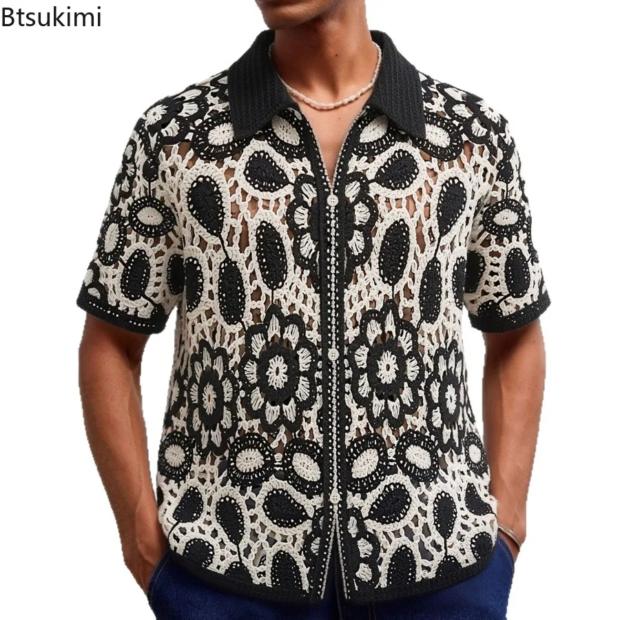 New Men's Crochet Short Sleeve Polo Shirt Summer Casual Loose Button Lapel Cardigan Color Blocking Hollow Out Street Knit Shirts