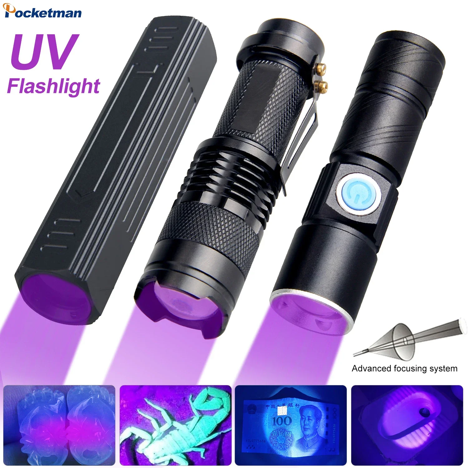 365/395nm UV Lamp USB Rechargeable LED Ultraviolet Flashlight Cat Ringworm Pet Urine Stains Detector Scorpion Hunting Torch