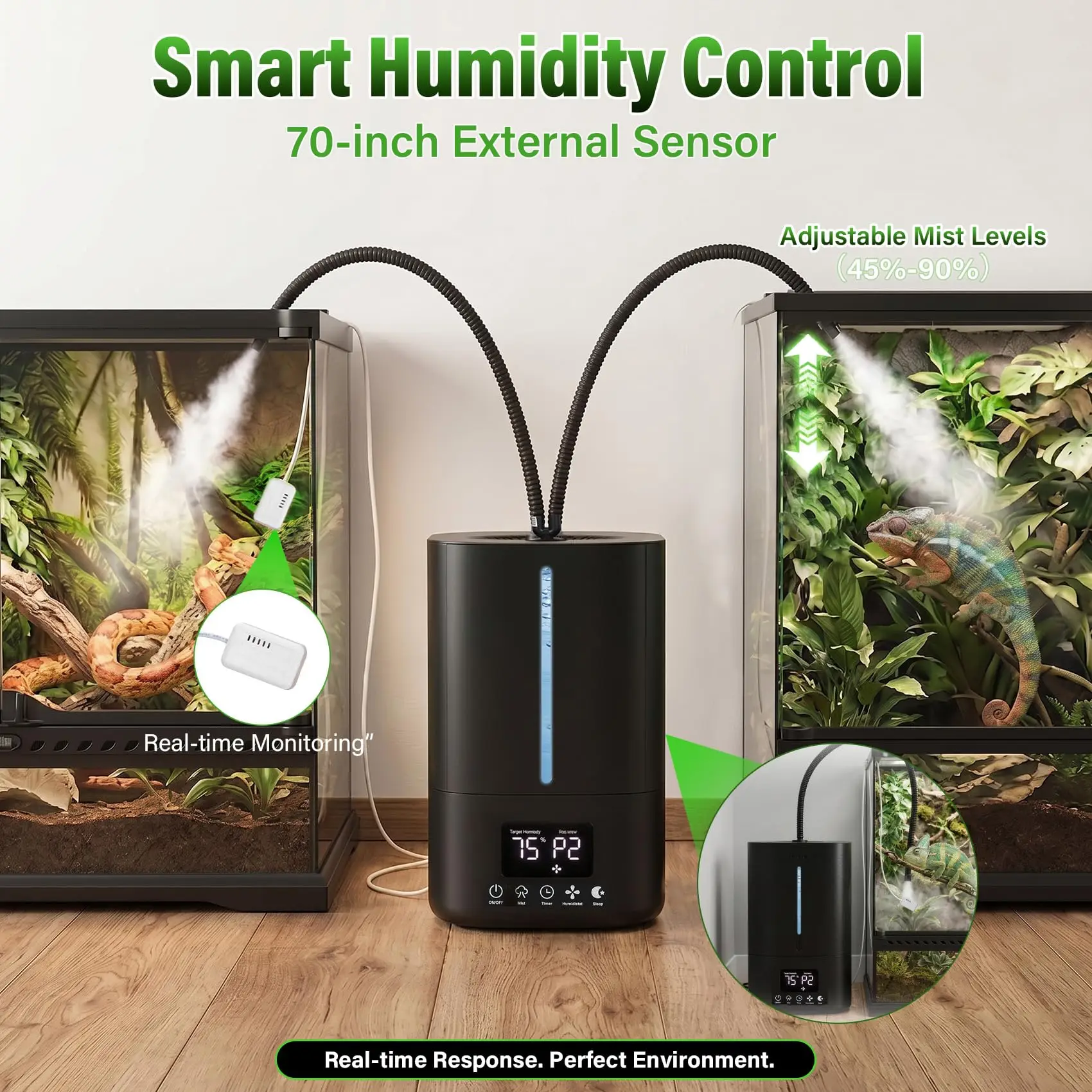 Reptile Humidifier 5L Top Fill Dual Hose Automatic Smart Humidity Control Quiet 35dB for Ball Python Chameleon Gecko Terrarium