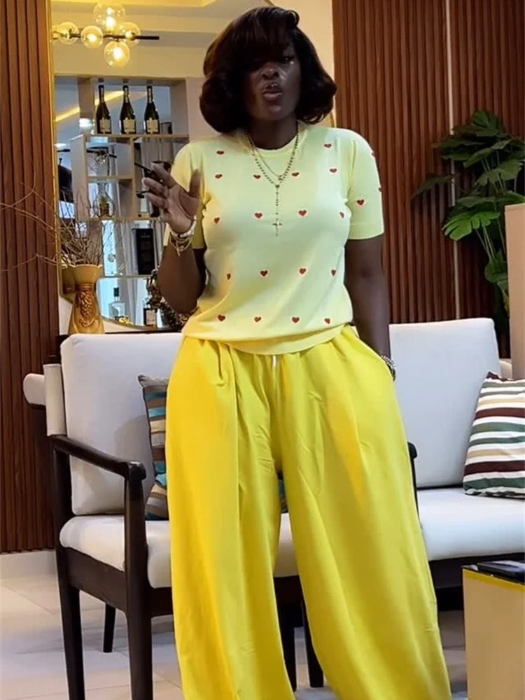 Two Piece Set Women Wholesale Summer New Sweet Fashionable Round Neck Heart Shaped Short Sleeved Top Wide Leg Long Pants