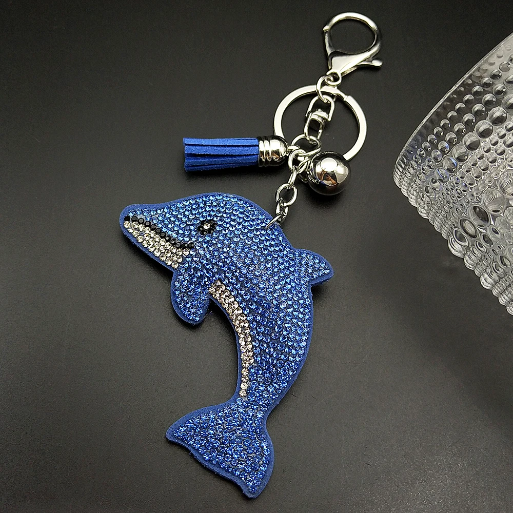 Blue Blingbling Dolphin Keyring For Women Men Full Crystal Rhinestone Tassel Lovely Sea Fish Summer Bag Key Ring Jewelry Gifts