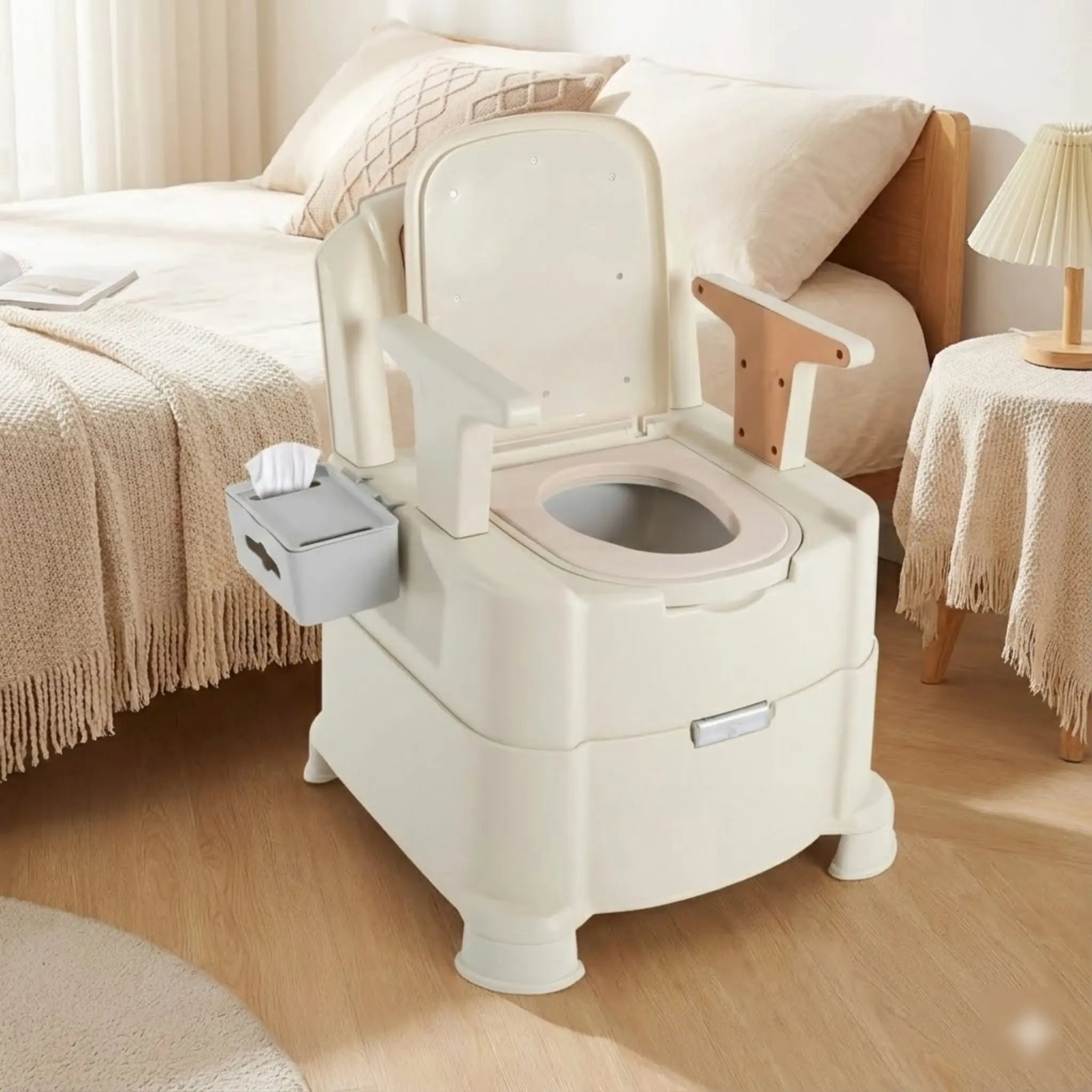 كرسي مرحاض محمول للعناية المنزلية بجانب السرير مع مقعد وسادة من البولي يوريثان وغطاء مانع للتسرب للرائحة