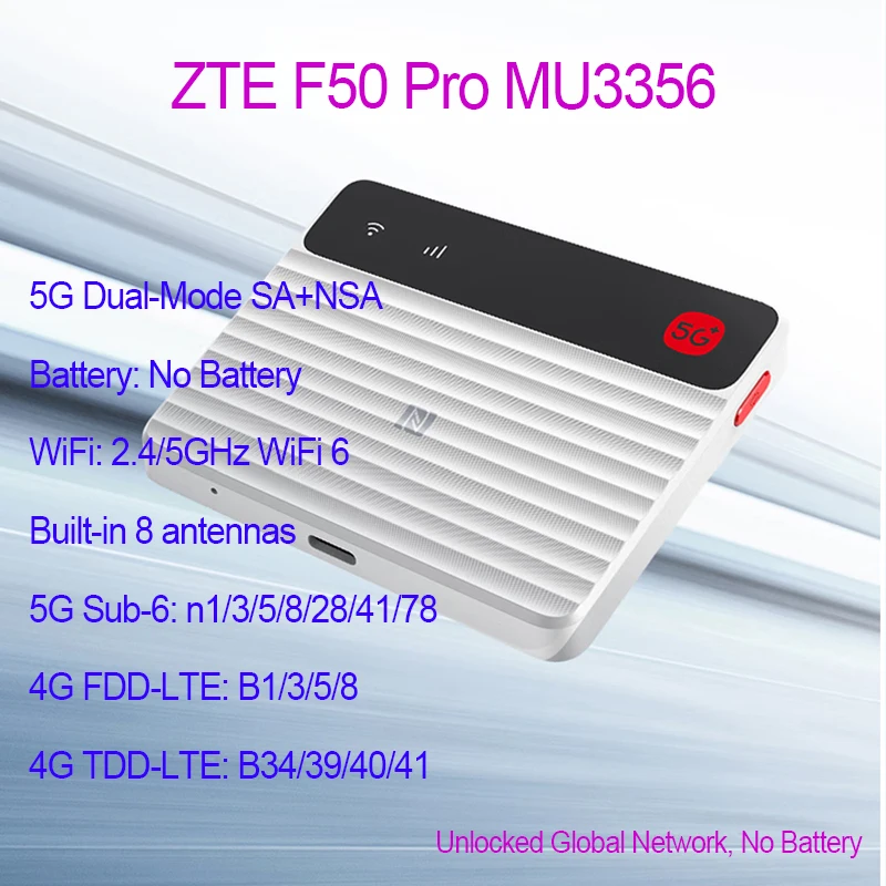 

Unlocked ZTE 5G Portable WiFi Hotspot F50 Pro MU3356 Dual Bands 2.4/5GHz 5G SA+NSA 4G LTE CAT13 Sim Card Mobile WiFi 6 Router