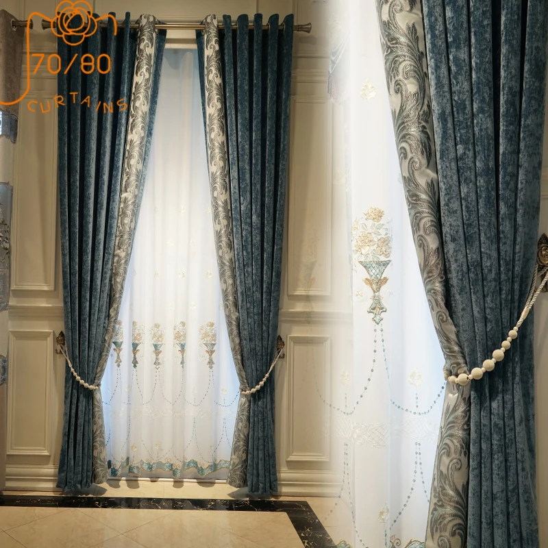 

Blue High-grade Chenille Embroidered Lace Stitching Thickened Blackout Curtains for Living Room Bedroom Dining Room Partition