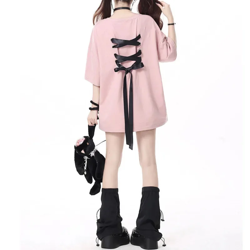 Women Bow Tie Tops&Tees With Pure Cotton Short Sleeved T-shirt For Summer Strap Dopamine Casual Half Sleeved Loose Top Tee New