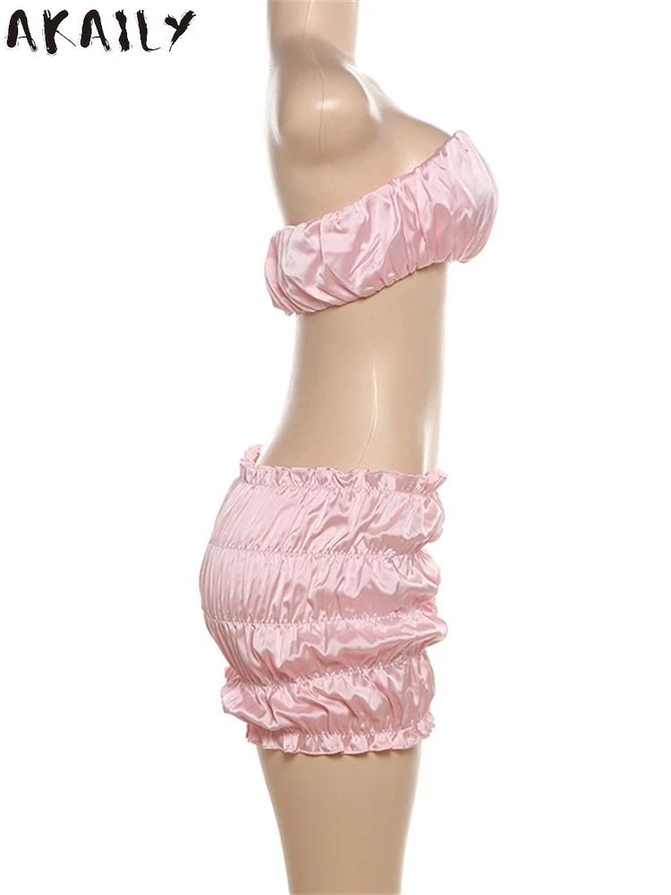 Akaily-Conjunto de 2 piezas fruncido para mujer, traje de fiesta en la playa, Top Sexy sin tirantes Y2K y falda ajustada a juego, color rosa, verano, 2024