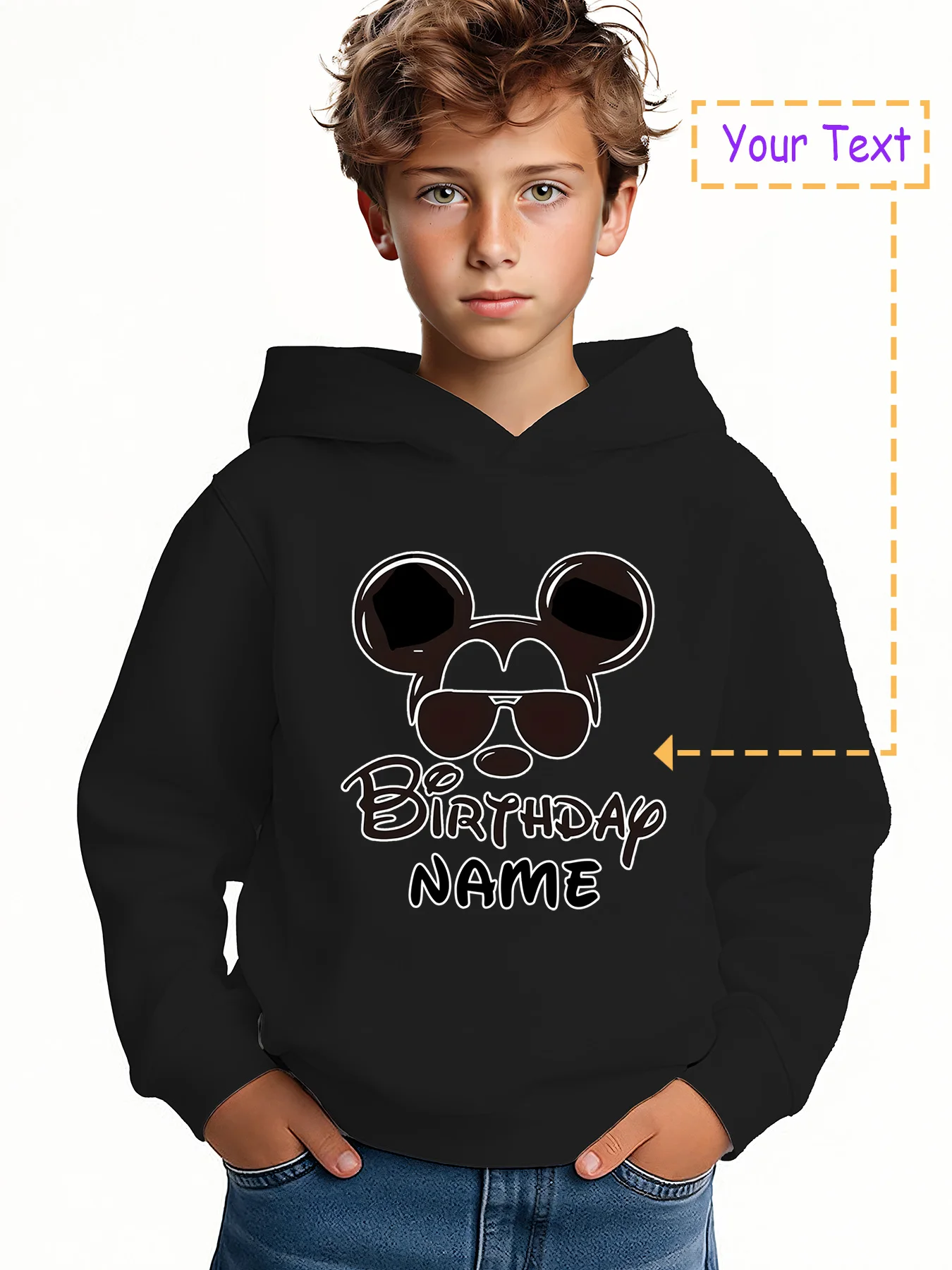 

MINISO Mickey Birthday Sunglasses Hoodie - Styled with Mickey's birthday sunglasses and a "Birthday NAME" design. Officially lic