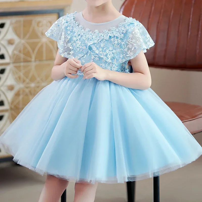 Girls dress hook flower short sweet wind bat sleeve princess dress piano performance flower girl #D245