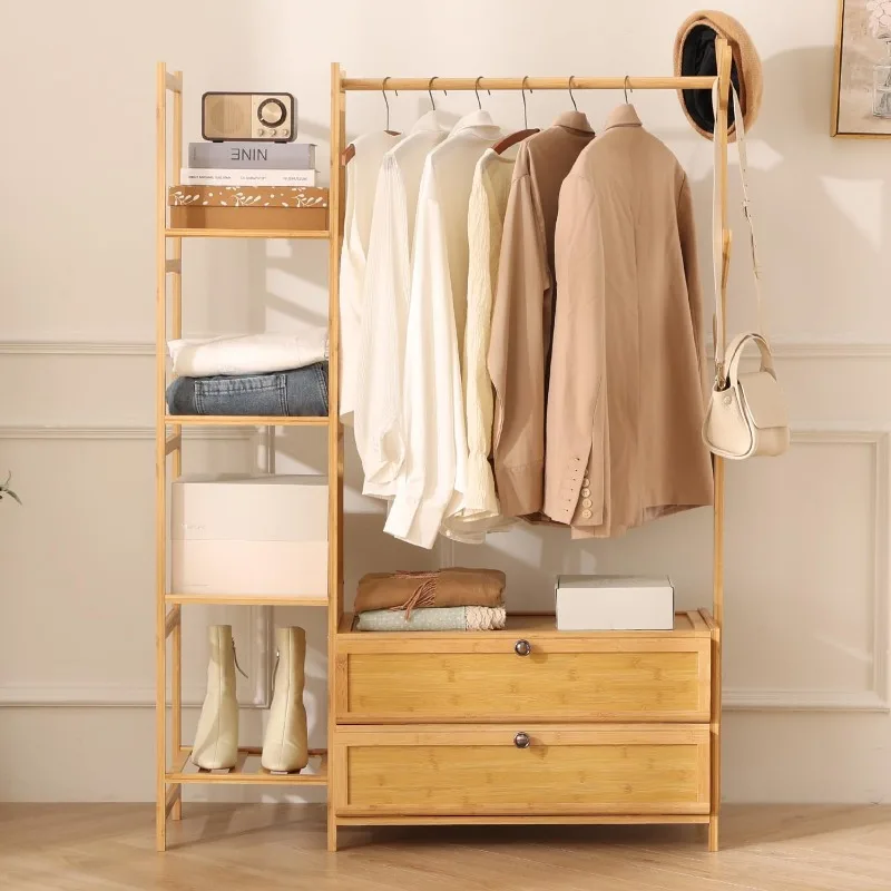 

Bamboo Clothing Garment Rack, Clothes Hanging Rack with 2 Drawers & Side Coat Rack, Portable Wardrobe Closet Organizer