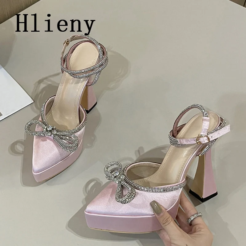 Hlieny 2024 Spring Autumn Women Pumps Fashion Platform Pointed Toe Butterfly-Knot Crystal Party Shoes Ankle Buckle Strap Sandals