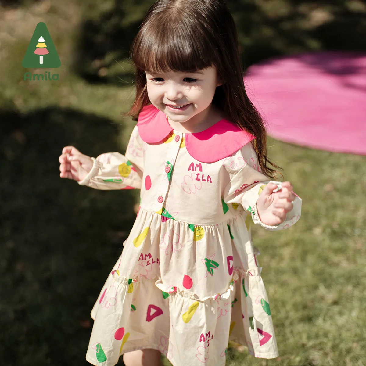 Amila Baby Girl Dress 2024 Spring New Doll collar Cute Sweet Pure Cotton Soft Breathable High Quality Baby Clothing