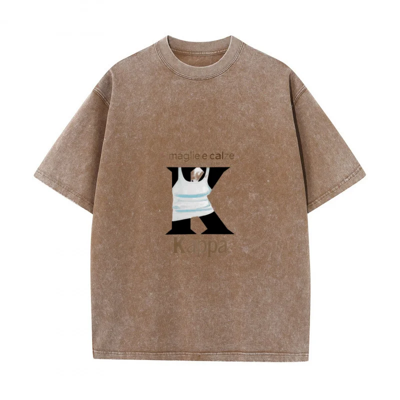 Kappa plus Size Washed T-shirt Loose Fit Vintage Distressed Cotton Men's Casual Graphic Tee