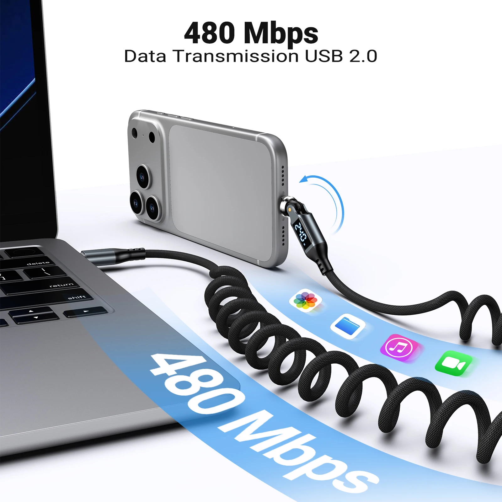 AUFU 540 °   Kabel USB-C do USB-C 240W z wyświetlaczem, szybkie ładowanie, sprężynowy kabel USB-C do USB-C do iPhone 17, Xiaomi, Macbook, iPad — zdjęcie produktu 4