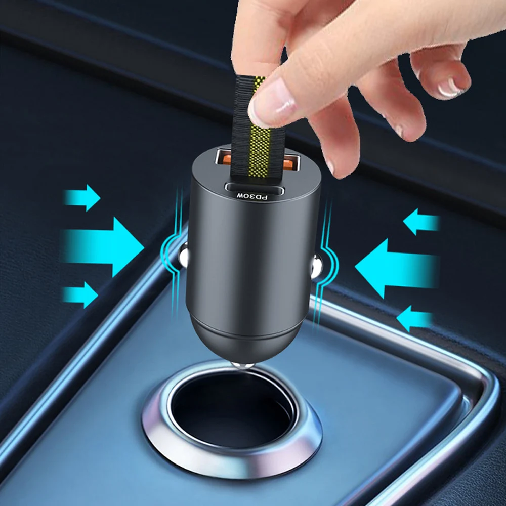 Car Type-C PD Quick Charge Charger Mini USB Super Fast Charging Adapter Phone Charger with Pull Ring for Xiaomi Samsung Huawei