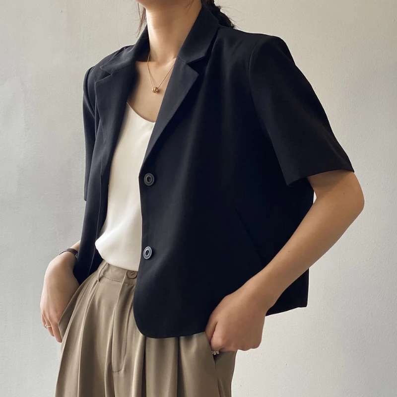 Suit Top Women\'s Thin Jacket Outerwears Casual Short Sleeve Blazers Solid Cotton Coats Korean Version Clothing Summer Topcoat