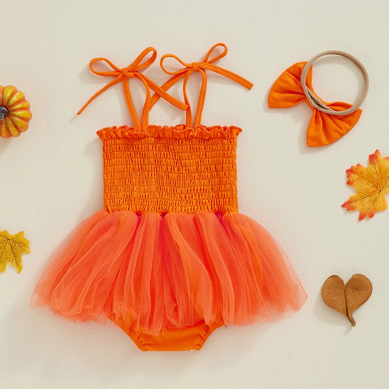 0-24Months Baby Girl Halloween Outfit Pumpkin Embroidery Shirred Spaghetti Strap Romper Dress Bow Headband 2 Piece Set