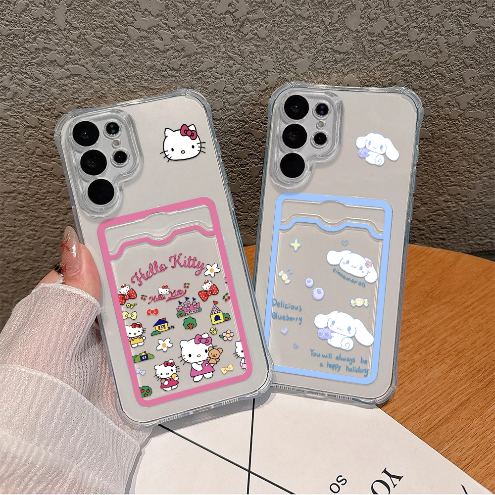 

Hello Kitty Cinnamoroll Card Hold Phone Case For Samsung S24 S23 S22 S21 S20 FE Plus Ultra M33 M53 M54 5G Anti-fall Clear Cover