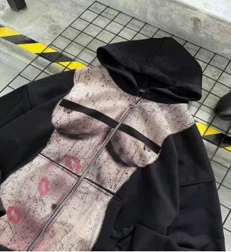 

High Street Retro Sexy Slim Fit Print Classic Zipper Hooded Men's Y2k Casual Daily Design Loose Plus Size Couple Cardigan Jacket