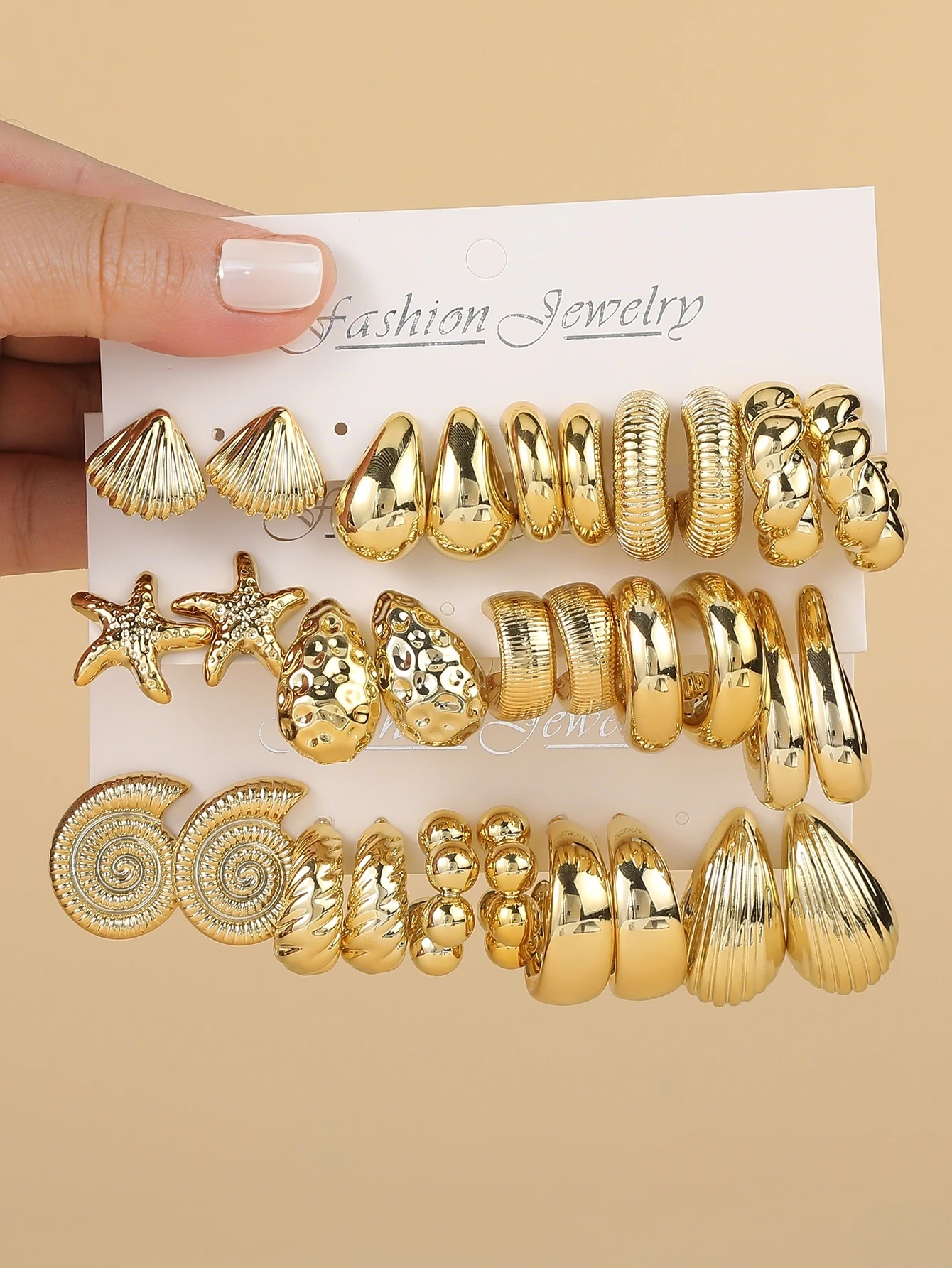 5 pares/15 pares de Material plástico dorado encantador y a la moda con estrella de mar, concha, gota de agua, juego de pendientes en forma de C texturizados