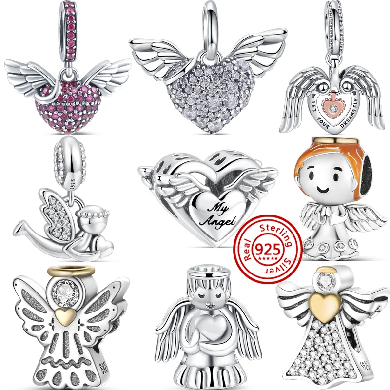 

New 925 Sterling Silver Angel Series Wings Heart Aperture Shiny Beads Fit Original Pandora Charms Bracelet Luxury Women Jewelry