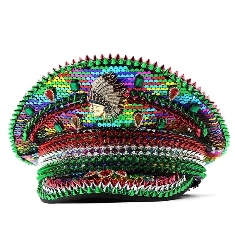 652F Glinting Captain Hat Colorful Rhinestones Cool Sequins For Women Florid Costume Decorative Crystal Party Outfits