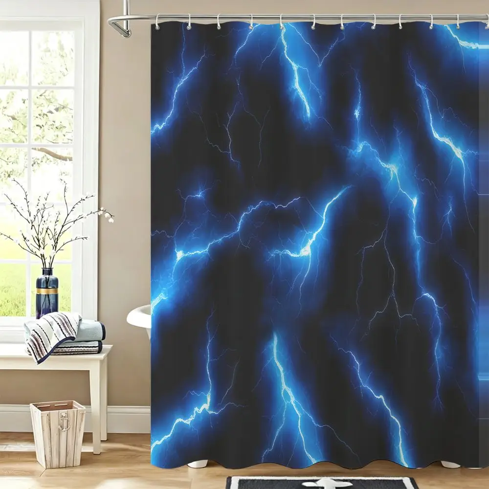 Blue Lightning Shower Curtain Waterproof Fabric Digital Print Cool Neon Storm Pattern Modern Bathroom Decor For Men Teen Boys