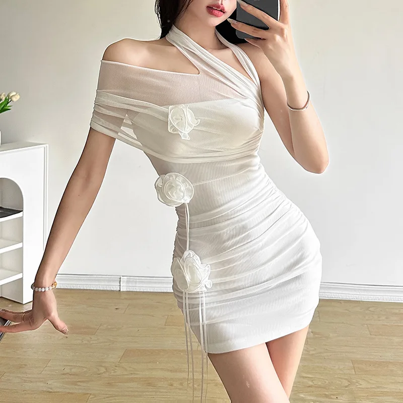 Robe de soirée en gaze à fleurs tridimensionnelles pour femmes, transparente, Slim, hanche, Sexy, asymétrique, irrégulière, blanche, épicée, pour filles, été