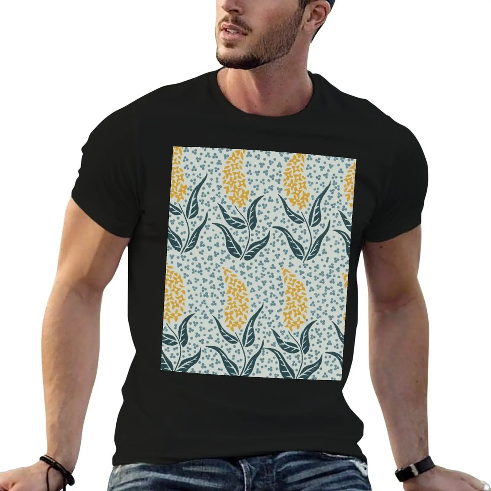 

Flower Spike in Gold with Blue, Blue & Gray T-Shirt t shirt man cotton t shirt man casual T-Shirt