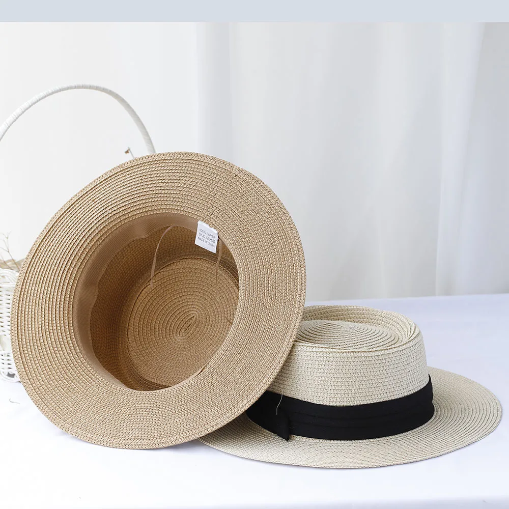 Versatile Retro Hat Panama flat brimmed sun hat bucket hat UV Protection sun hat For Beach Mini Bow Vacation handmade straw hat