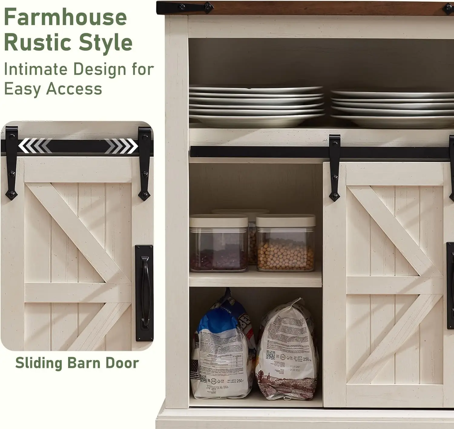 خزانة أرضية الحمام مع باب الحظيرة المنزلق، بلوط ريفي وأبيض عتيق