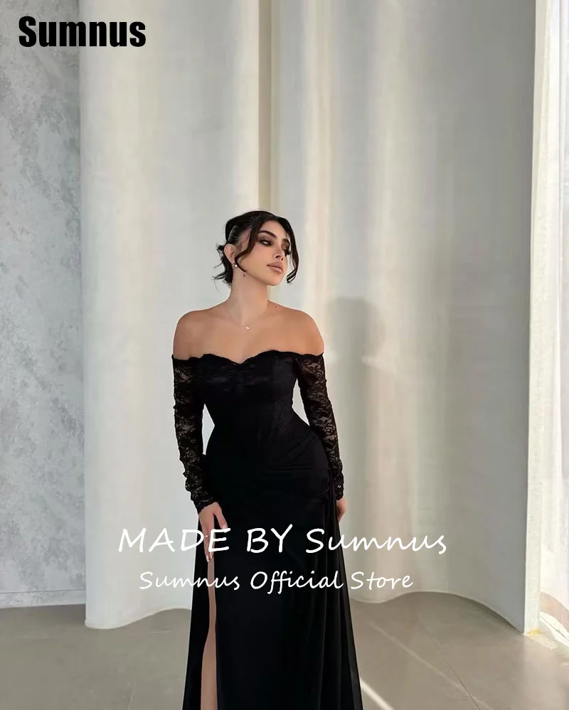 SUMNUS Black Mermaid Off The Shoulder Prom Dress Satin Lace Elegant Party Dresses Floor-Length Formal Gown Side Split Customized