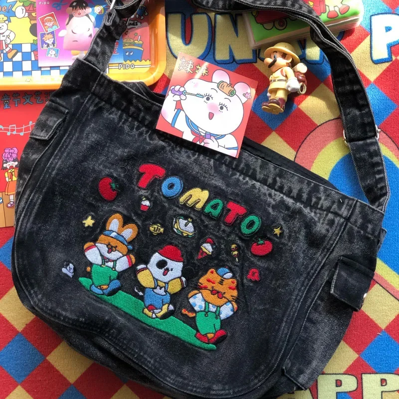 Mbti vintage dos desenhos animados denim sacolas para mulheres designer de luxo kawaii bordado bolsa ombro grande capacidade saco do mensageiro novo