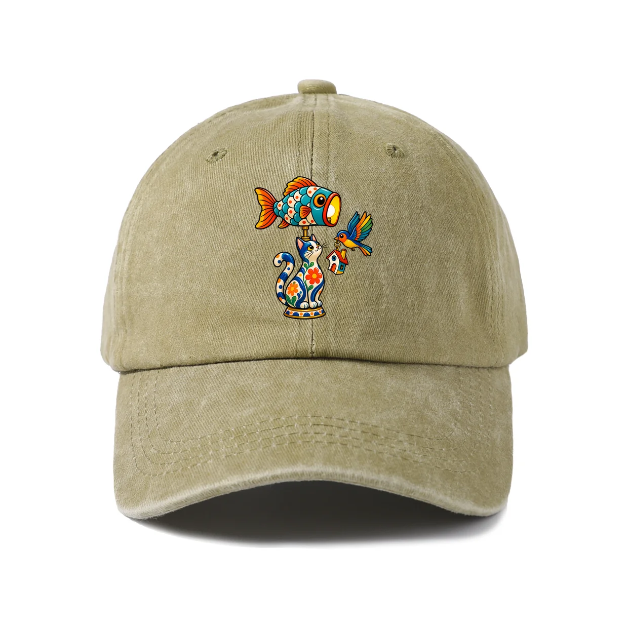 Colorful Animal Parade Graphic Baseball Cap, Vintage Washed Adjustable Unisex Dad Hat, Everyday Gift