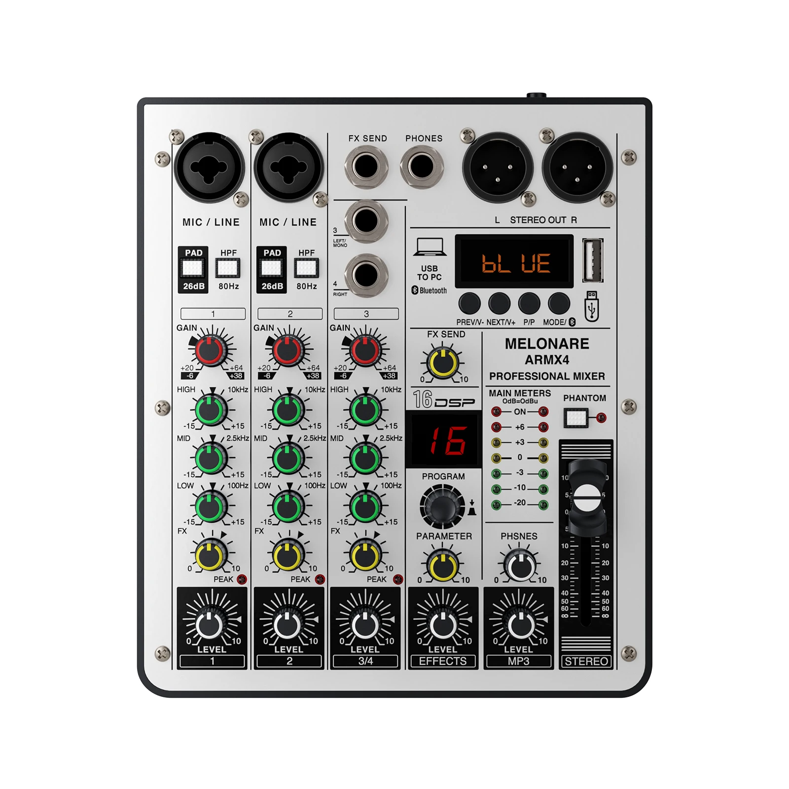Mixer de Áudio de 4 Canais, Mixer DJ com Interface de Áudio USB, Função Bluetooth, 16 Efeitos DSP e EQ de 3 Bandas (ARMX4)