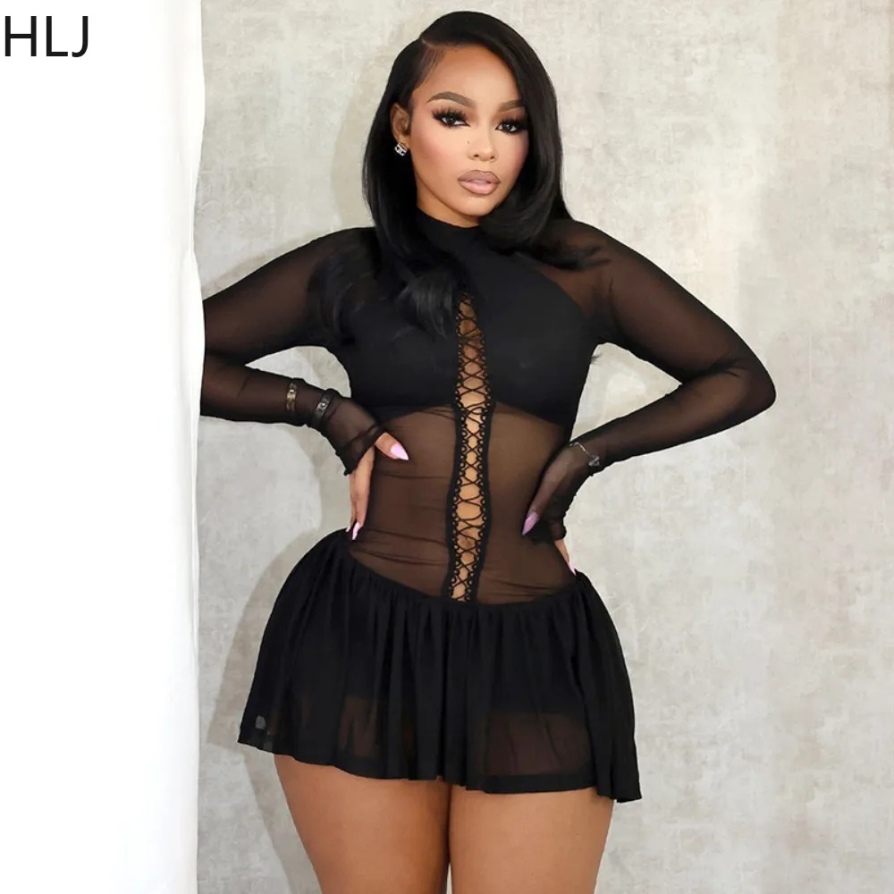 HLJ Sexy Mesh Mini Dress Women Black See Through Bandage Patchwork Bodycon Dresses Trend Stretch Midnight Party Club Vestidos