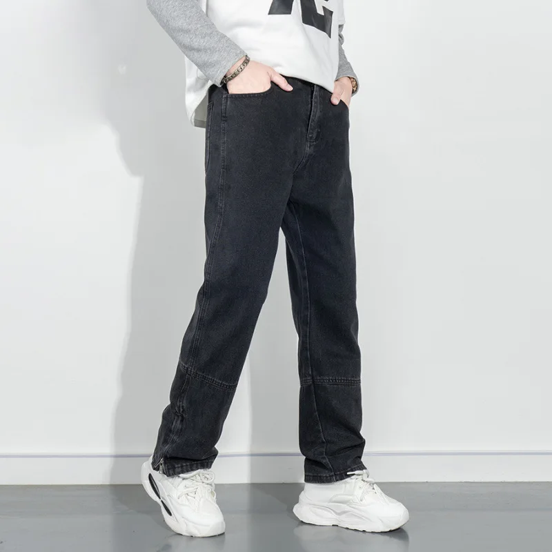 

Black jeans with zipper at hem, men's pants, loose straight leg, American fashion, street retro pants