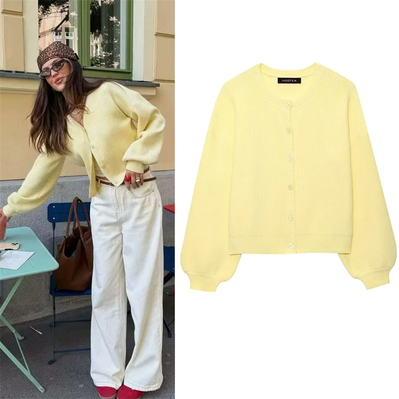 

Women's Knitwear 2025 New Yellow Balloon Sleeve Single Breasted Spring Summer Thin Sweater Street casual women's top