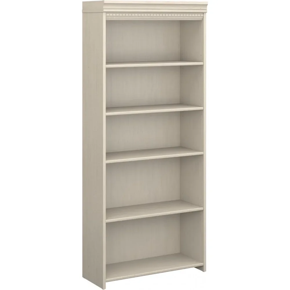 5 bookshelves with 3 adjustable storage racks for office or home, 30W x 12D x 69H, antique white