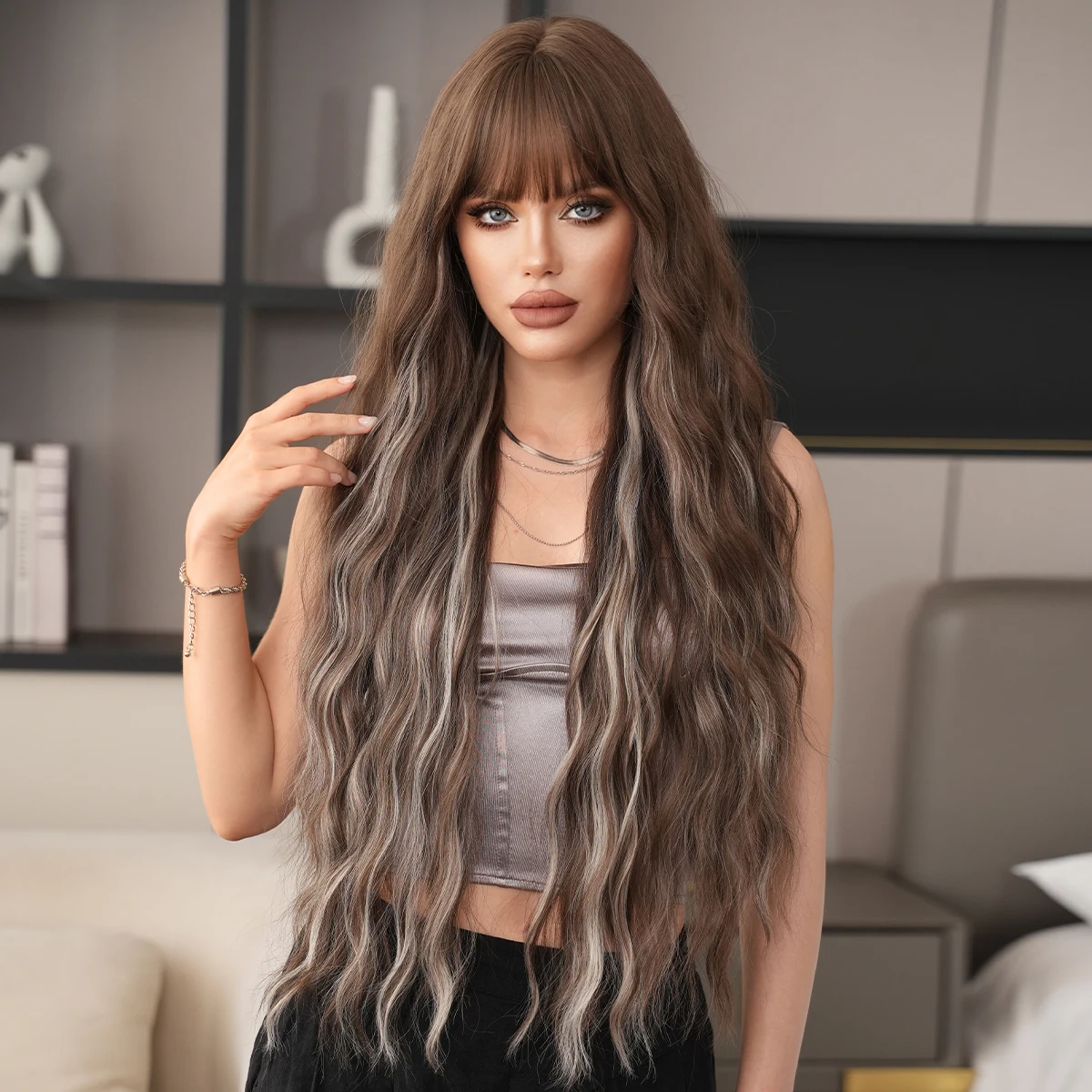 PARK YUN Synthetic Extra Long Curly Dark Brown Wig for Women Daily Party Lolita Highlight Ash Wigs With Neat Bangs 36Inch