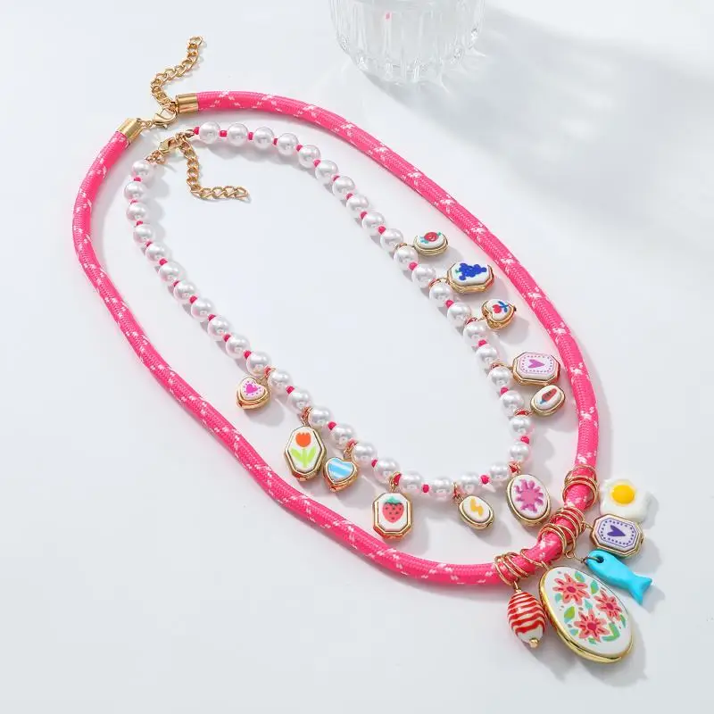 تقليد اللؤلؤ حبة سبيكة الأسماك الصغيرة وزهرة هندسية قلادة طبقة مزدوجة قلادة مجموعة للنساء مجوهرات هدية