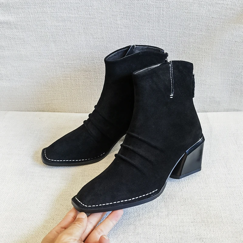 2027 New Fashion Style Female Square Toe Pleated Cow Suede Leather Square Toe Handmade Ankle Boots Lady Comfortable Footwear